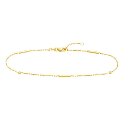 0.03CTW Natural Diamond 14K Yellow Gold Bezel Bar Anklet (Solid Links) 9" - 10" Adjustable - WJD Exclusives