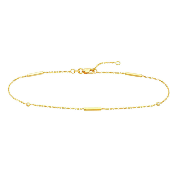 0.03CTW Natural Diamond 14K Yellow Gold Bezel Bar Anklet (Solid Links) 9" - 10" Adjustable - WJD Exclusives