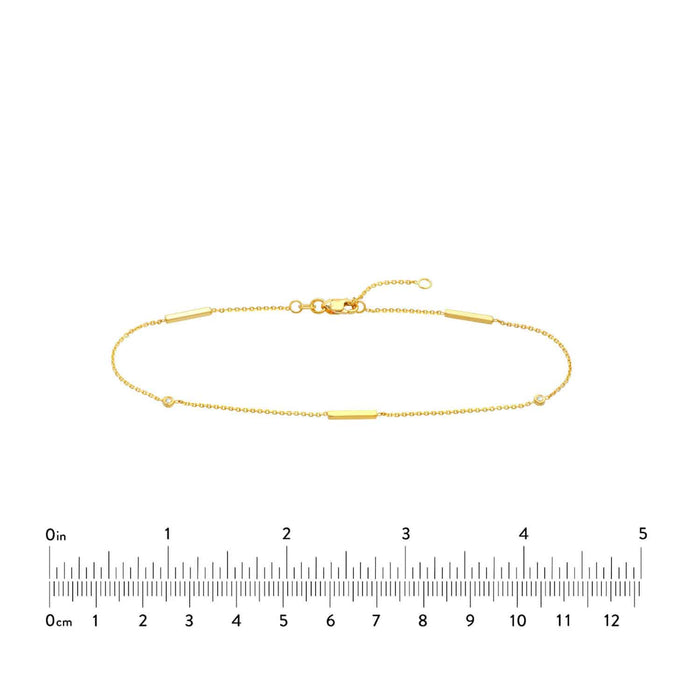 0.03CTW Natural Diamond 14K Yellow Gold Bezel Bar Anklet (Solid Links) 9" - 10" Adjustable - WJD Exclusives