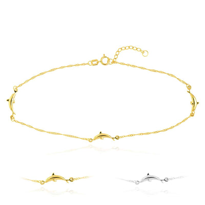 14K Yellow White Gold Singapore Dolphin Trio Anklet (Solid Links) 9" - 10" Adjustable - WJD Exclusives