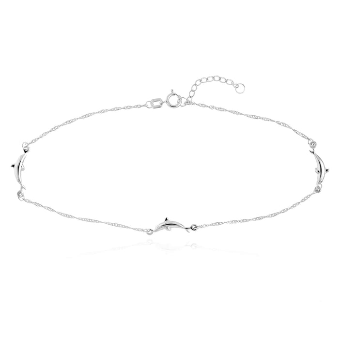 14K Yellow White Gold Singapore Dolphin Trio Anklet (Solid Links) 9" - 10" Adjustable - WJD Exclusives