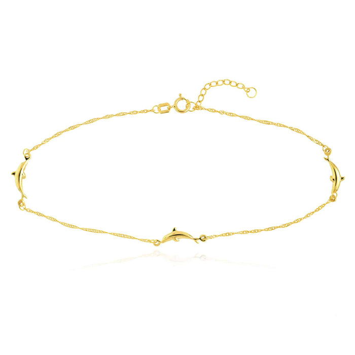 14K Yellow White Gold Singapore Dolphin Trio Anklet (Solid Links) 9" - 10" Adjustable - WJD Exclusives