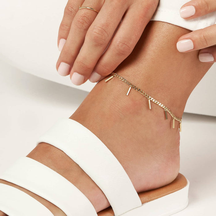 14K Yellow Gold Bars Dangle Curb Anklet (Solid Links) 9" - 10" Adjustable - WJD Exclusives