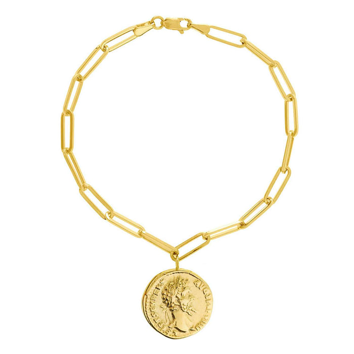 14K Yellow Gold 3.8mm Paperclip Antique Coin Bracelet (Solid Links) 7.25" - WJD Exclusives