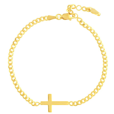 14K Yellow Gold Cross Cuban Curb Bracelet (Solid Links) 6.25" - 7.25" Adjustable - WJD Exclusives