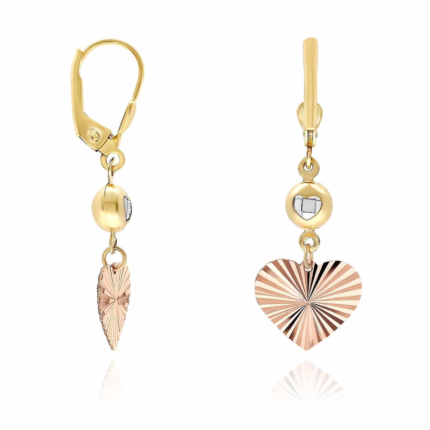 14K Real Gold Two-Tone Yellow Rose CZ Heart Leverback Earrings