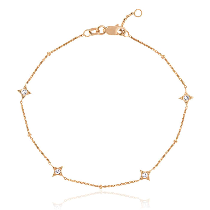 0.12CTW Natural Diamond 14K Yellow White Rose Gold Star Bead Bracelet (Solid Links) 7" - 7.5" Adjustable - WJD Exclusives