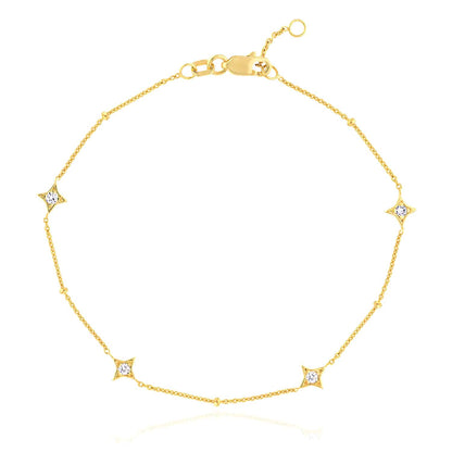 0.12CTW Real Diamond 14K Real Gold Yellow White Rose Star Bead Bracelet 7-7.5" Adj