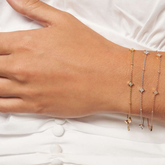 0.12CTW Natural Diamond 14K Yellow White Rose Gold Star Bead Bracelet (Solid Links) 7" - 7.5" Adjustable - WJD Exclusives