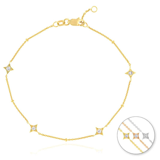0.12CTW Real Diamond 14K Real Gold Yellow White Rose Star Bead Bracelet 7-7.5" Adj