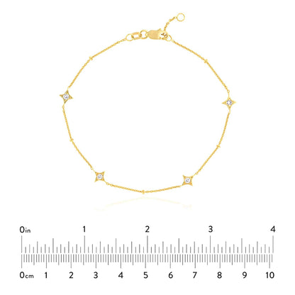 0.12CTW Real Diamond 14K Real Gold Yellow White Rose Star Bead Bracelet 7-7.5" Adj