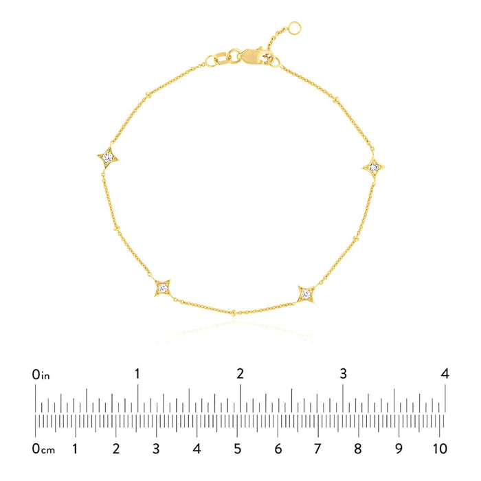 0.12CTW Natural Diamond 14K Yellow White Rose Gold Star Bead Bracelet (Solid Links) 7" - 7.5" Adjustable - WJD Exclusives
