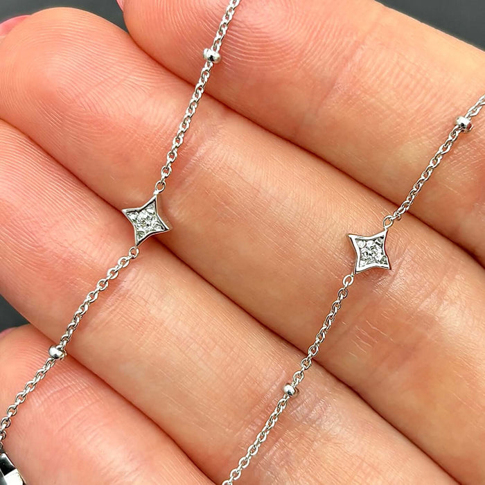 0.12CTW Natural Diamond 14K Yellow White Rose Gold Star Bead Bracelet (Solid Links) 7" - 7.5" Adjustable - WJD Exclusives