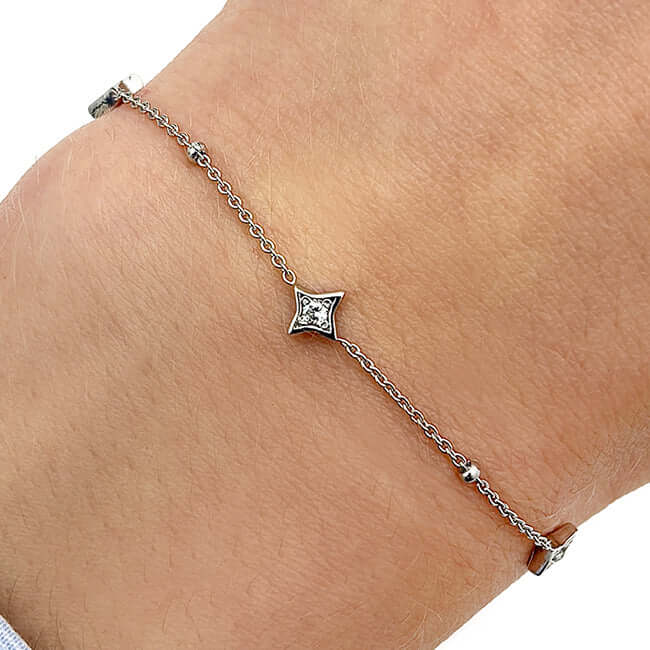 0.12CTW Natural Diamond 14K Yellow White Rose Gold Star Bead Bracelet (Solid Links) 7" - 7.5" Adjustable - WJD Exclusives