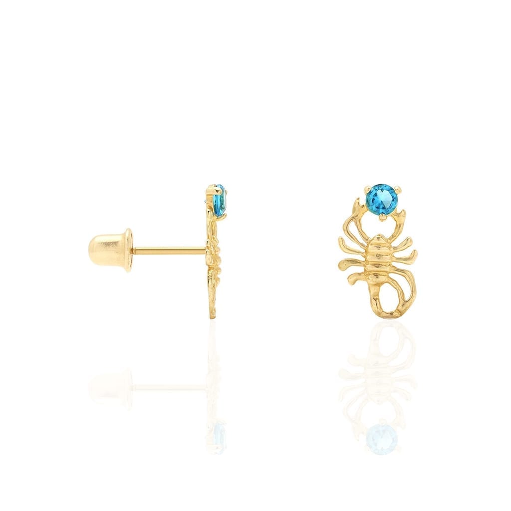 14K Yellow Gold Round Simulated Birthstone Scorpion Screw Back Stud Earrings