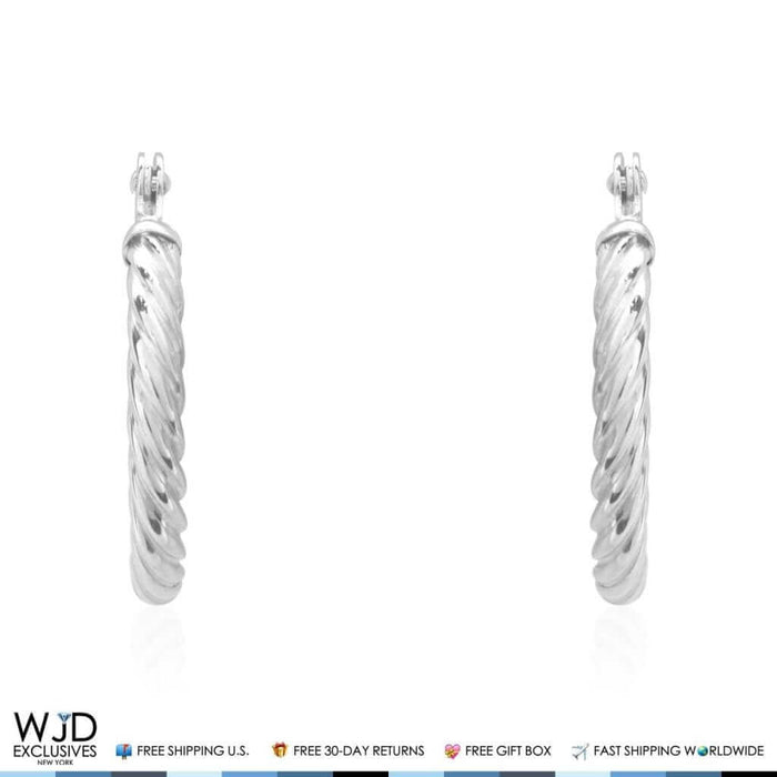 12mm diameter Snap Closure Twisted Rope Style Hoop Earrings 14K White Gold