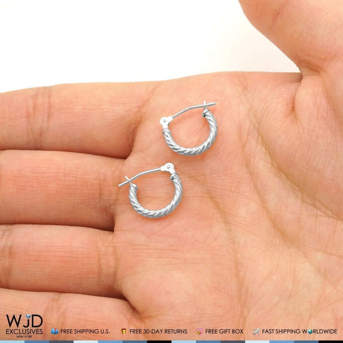 12mm diameter Snap Closure Twisted Rope Style Hoop Earrings 14K White Gold
