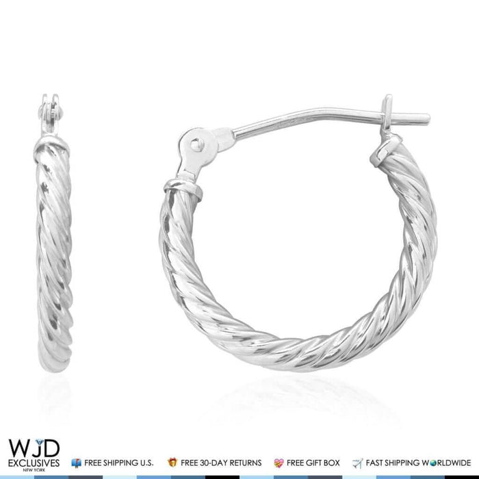 12mm diameter Snap Closure Twisted Rope Style Hoop Earrings 14K White Gold