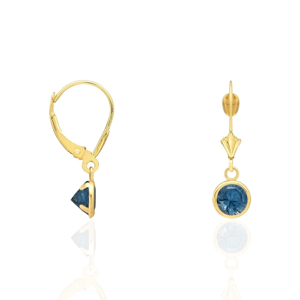 14k Yellow Gold Round Bezel Simulated Birthstone Drop Leverback Earrings