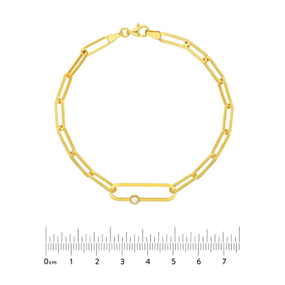 0.06CT Real Diamond 14K Real Gold Yellow Bezel Paperclip Bracelet 7.75"