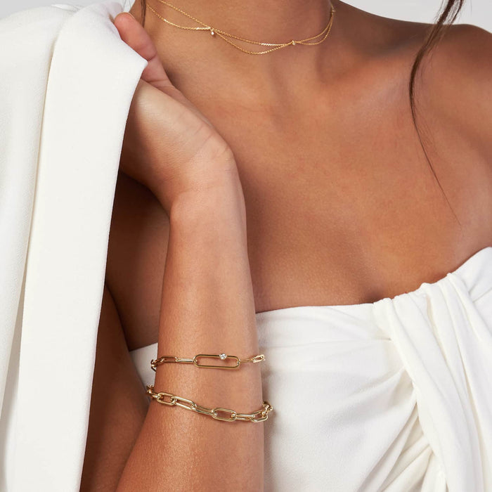 0.06CT Natural Diamond 14K Yellow Gold Bezel Paperclip Bracelet (Solid Links) 7.75" - WJD Exclusives