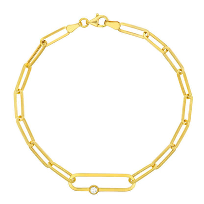0.06CT Real Diamond 14K Real Gold Yellow Bezel Paperclip Bracelet 7.75"