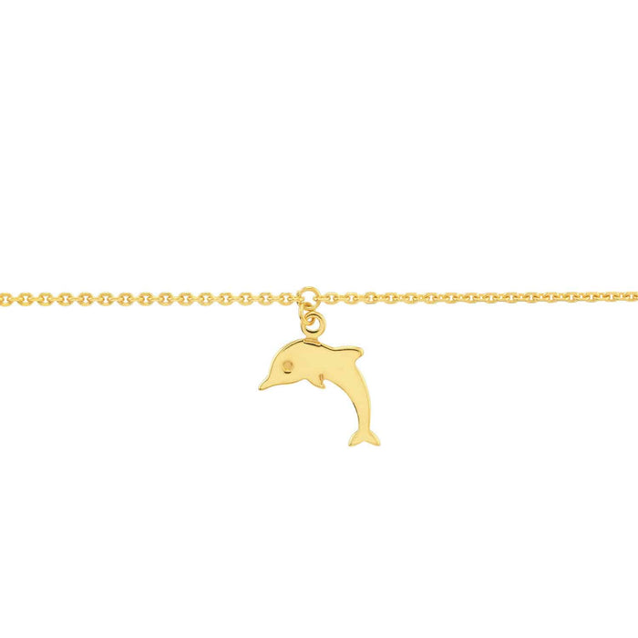 14K Yellow Gold Trio Dolphins Dangle Anklet (Solid Links) 9" - 10" Adjustable - WJD Exclusives