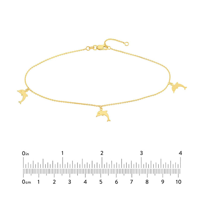 14K Yellow Gold Trio Dolphins Dangle Anklet (Solid Links) 9" - 10" Adjustable - WJD Exclusives