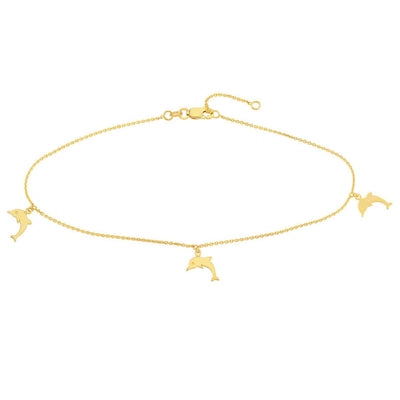 14K Yellow Gold Trio Dolphins Dangle Anklet (Solid Links) 9" - 10" Adjustable - WJD Exclusives