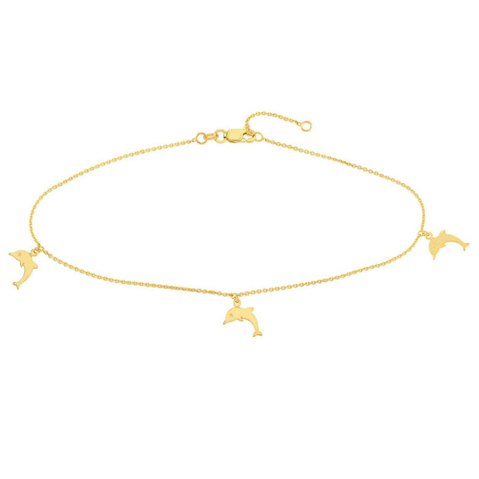 14K Yellow Gold Trio Dolphins Dangle Anklet (Solid Links) 9" - 10" Adjustable - WJD Exclusives