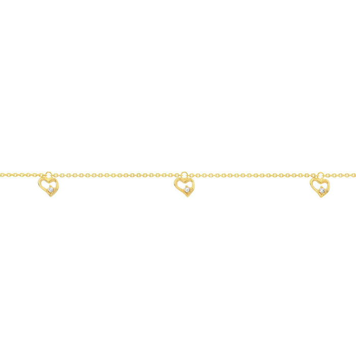14K Yellow Gold CZ Open Heart Dangle Anklet (Solid Links) 9" - 10" Adjustable - WJD Exclusives