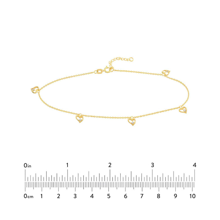 14K Yellow Gold CZ Open Heart Dangle Anklet (Solid Links) 9" - 10" Adjustable - WJD Exclusives