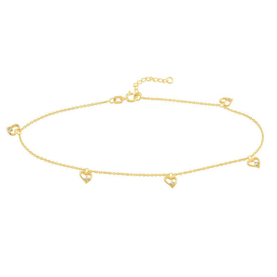 14K Yellow Gold CZ Open Heart Dangle Anklet (Solid Links) 9" - 10" Adjustable - WJD Exclusives