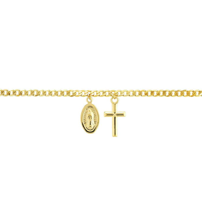 14K Yellow Gold Virgin Mary Cross Dangle Curb Anklet (Solid Links) 9" - 10" Adjustable - WJD Exclusives