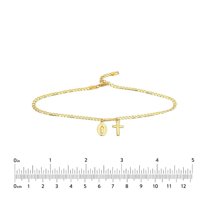 14K Yellow Gold Virgin Mary Cross Dangle Curb Anklet (Solid Links) 9" - 10" Adjustable - WJD Exclusives