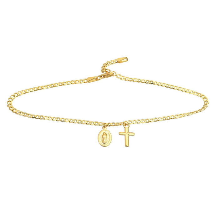 14K Yellow Gold Virgin Mary Cross Dangle Curb Anklet (Solid Links) 9" - 10" Adjustable - WJD Exclusives