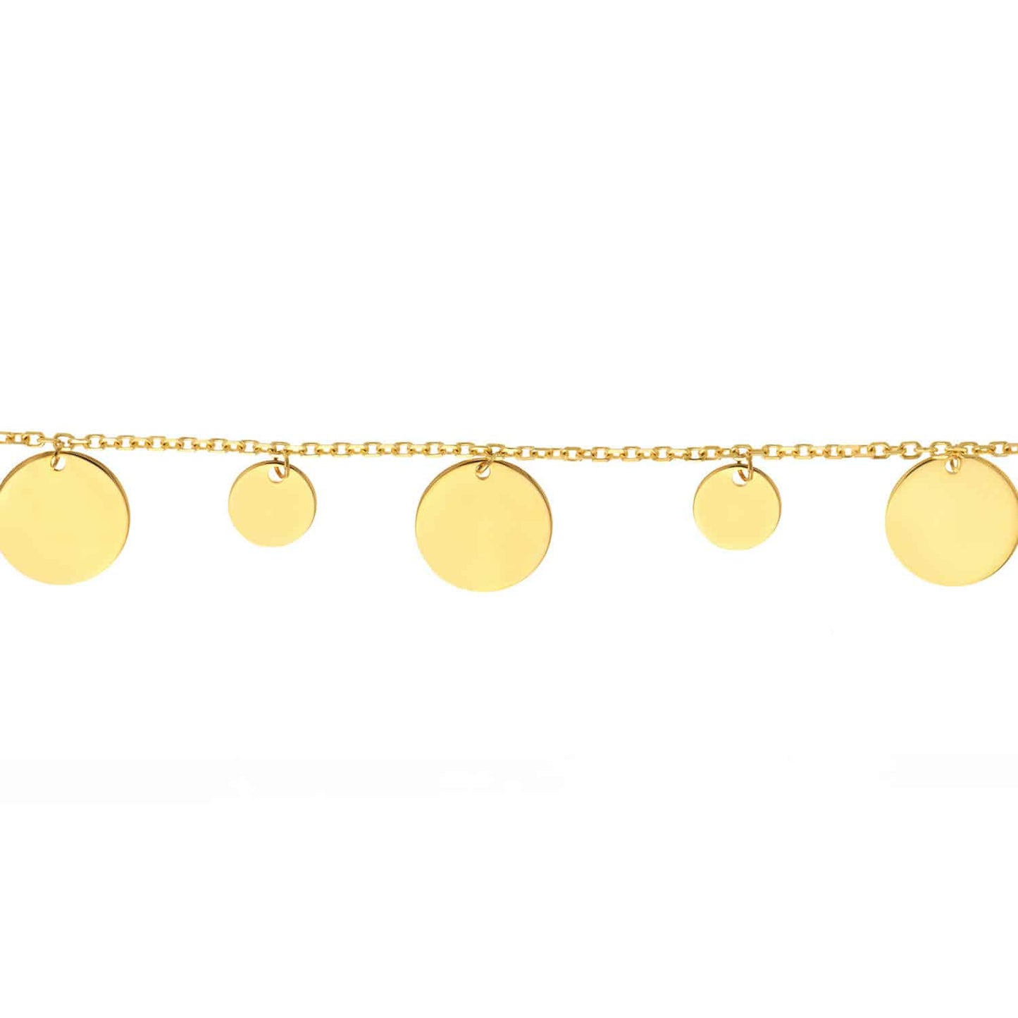 14K Gold Yellow Two-Sized Dangle Discs Bracelet 7"-7.5" Adjustable