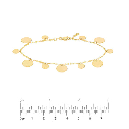 14K Gold Yellow Two-Sized Dangle Discs Bracelet 7"-7.5" Adjustable
