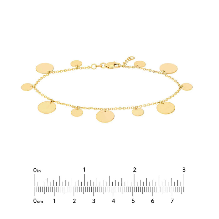 14K Yellow Gold Two - Sized Dangle Discs Bracelet (Solid Links) 7" - 7.5" Adjustable - WJD Exclusives