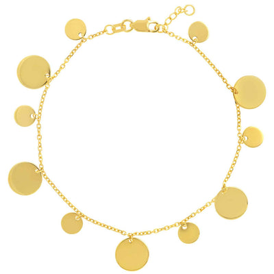 14K Yellow Gold Two - Sized Dangle Discs Bracelet (Solid Links) 7" - 7.5" Adjustable - WJD Exclusives