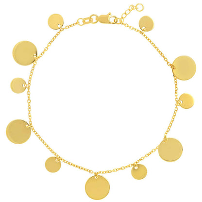14K Gold Yellow Two-Sized Dangle Discs Bracelet 7"-7.5" Adjustable