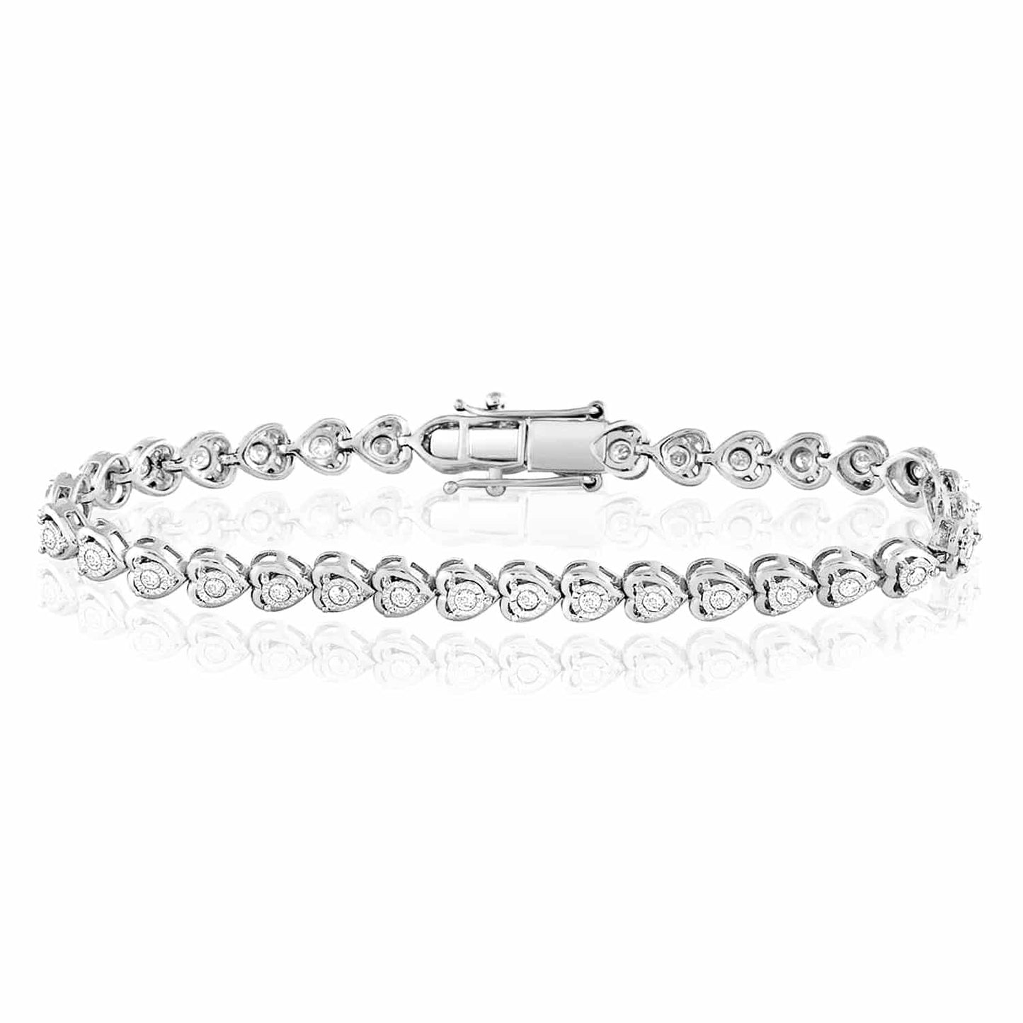 1.07CTW Real Diamond Sterling Silver Illusion Set Hearts Tennis Bracelet 7"