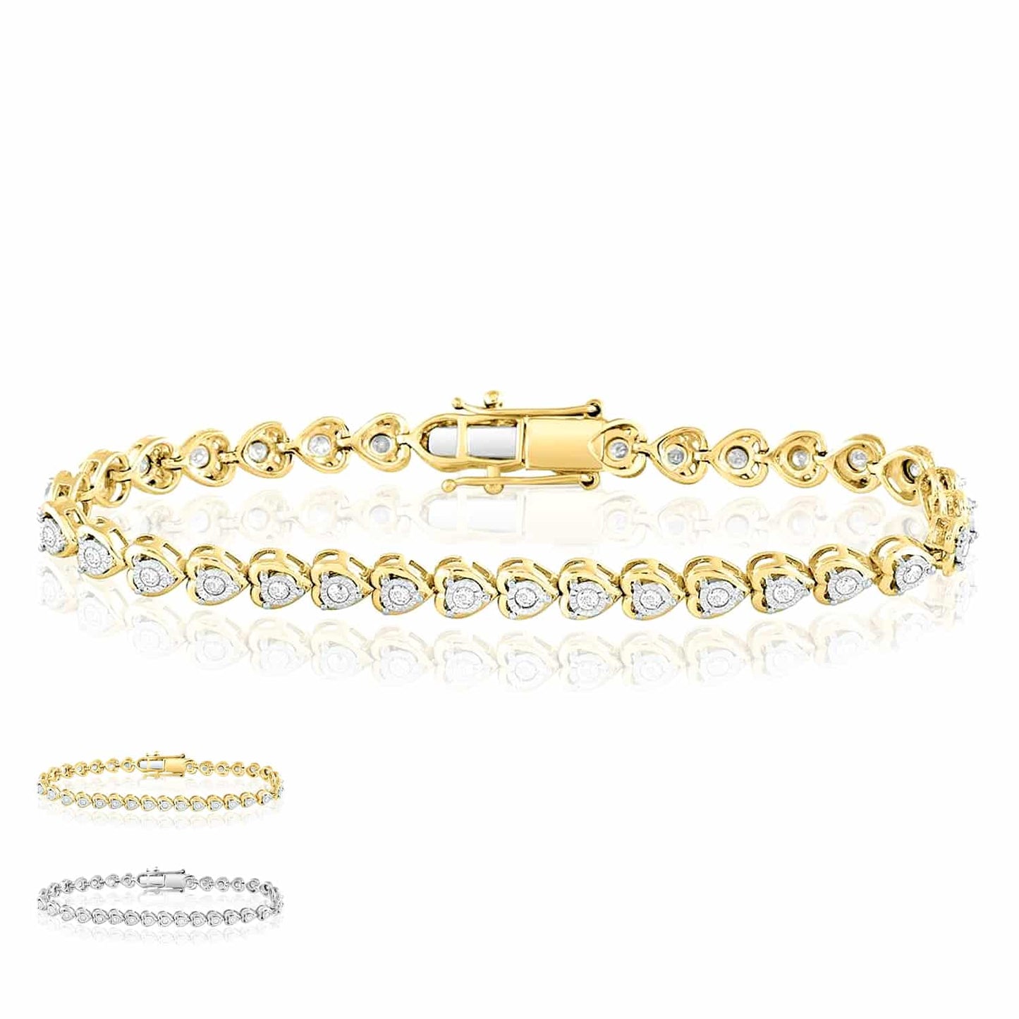 1.07CTW Real Diamond Sterling Silver Illusion Set Hearts Tennis Bracelet 7"