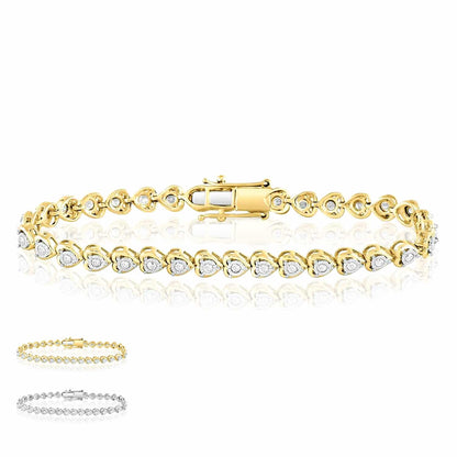 1.07CTW Real Diamond Sterling Silver Illusion Set Hearts Tennis Bracelet 7"