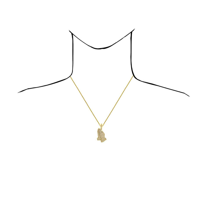 18K Gold Over Sterling Silver CZ Pave Praying Hands Pendant 1.8" - WJD Exclusives