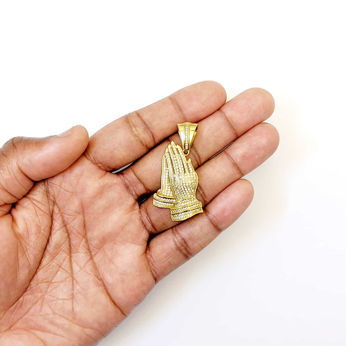 18K Gold Over Sterling Silver CZ Pave Praying Hands Pendant 1.8" - WJD Exclusives