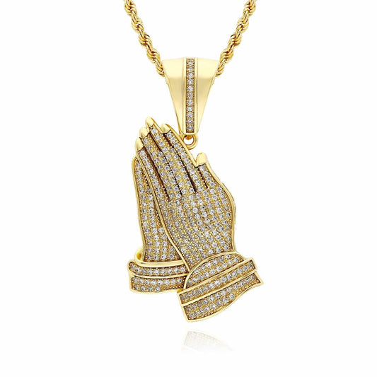 18K Gold Over Sterling Silver CZ Pave Praying Hands Pendant 1.8"