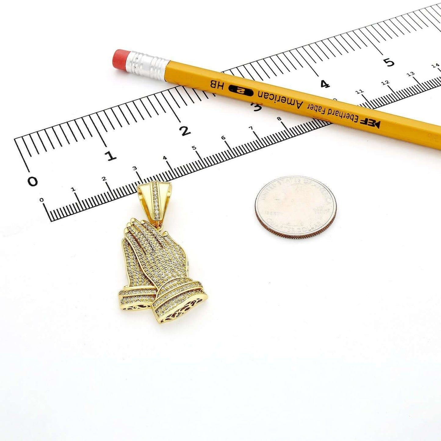 18K Gold Over Sterling Silver CZ Pave Praying Hands Pendant 1.8"