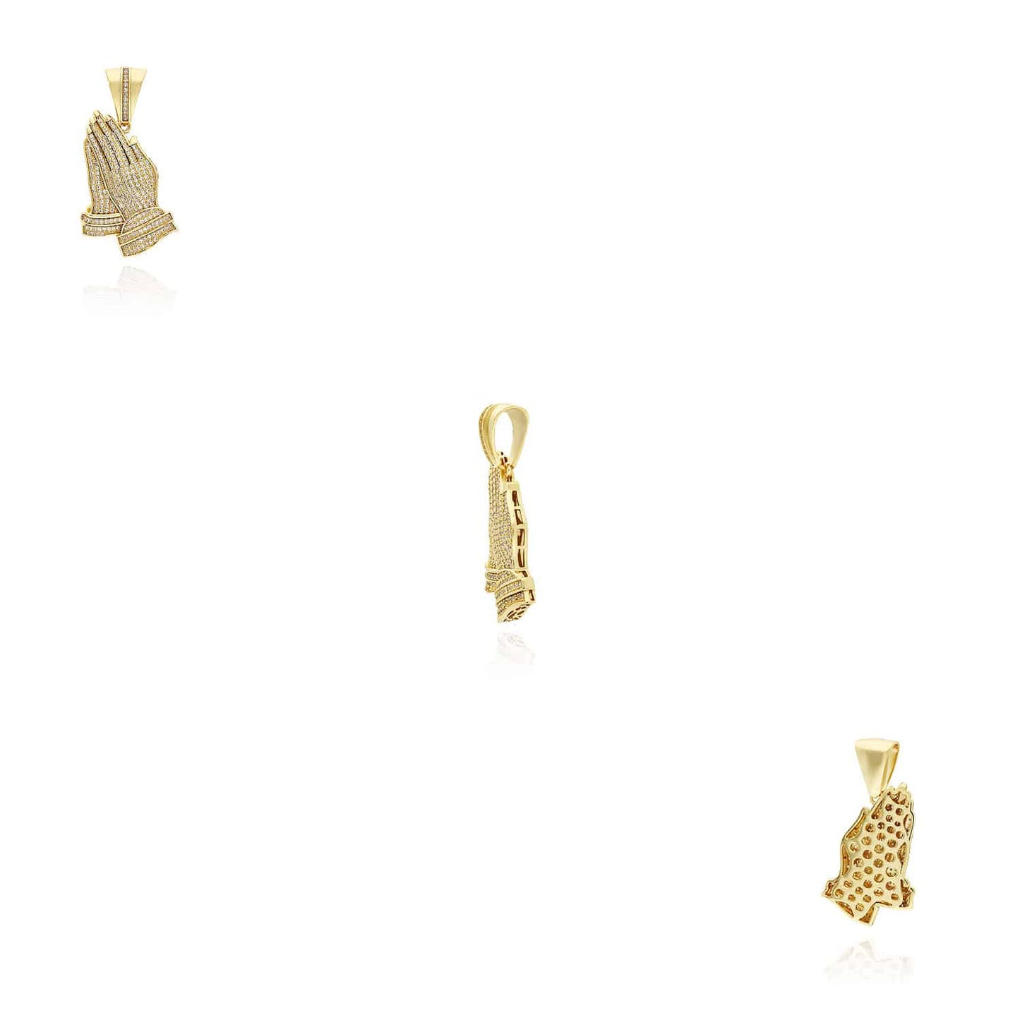 18K Gold Over Sterling Silver CZ Pave Praying Hands Pendant 1.8"