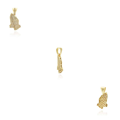 18K Gold Over Sterling Silver CZ Pave Praying Hands Pendant 1.8"